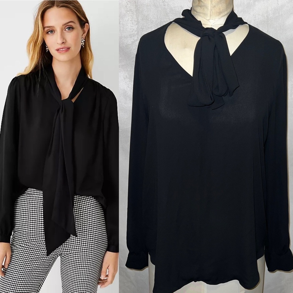 Ann Taylor Black Long Sleeve Blouse with neck tie